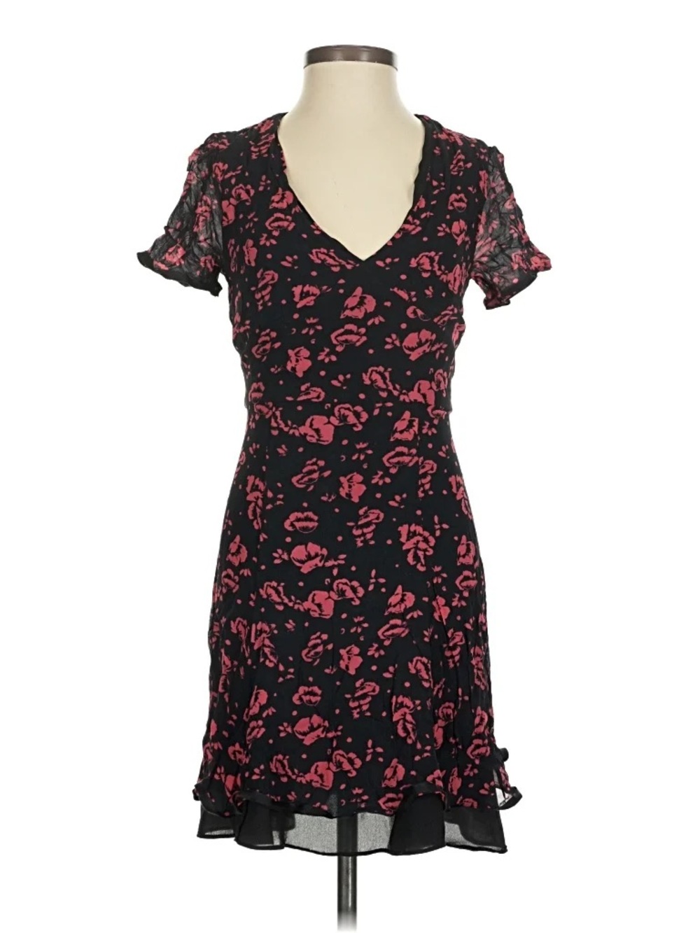 All Saints Black and Red Floral V-Neck Women’s Dress